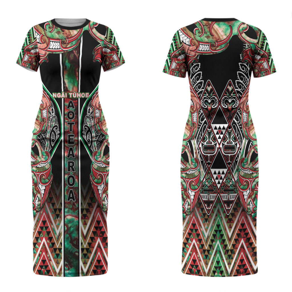 Aotearoa Ngai Tuhoe Couples Matching Short Sleeve Bodycon Dress and Hawaiian Shirt Maori Tribal Red And Green Paua Shell Pattern
