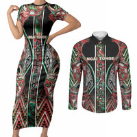 Aotearoa Ngai Tuhoe Couples Matching Short Sleeve Bodycon Dress and Long Sleeve Button Shirt Maori Tribal Red And Green Paua Shell Pattern