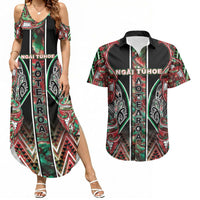 Aotearoa Ngai Tuhoe Couples Matching Summer Maxi Dress and Hawaiian Shirt Maori Tribal Red And Green Paua Shell Pattern