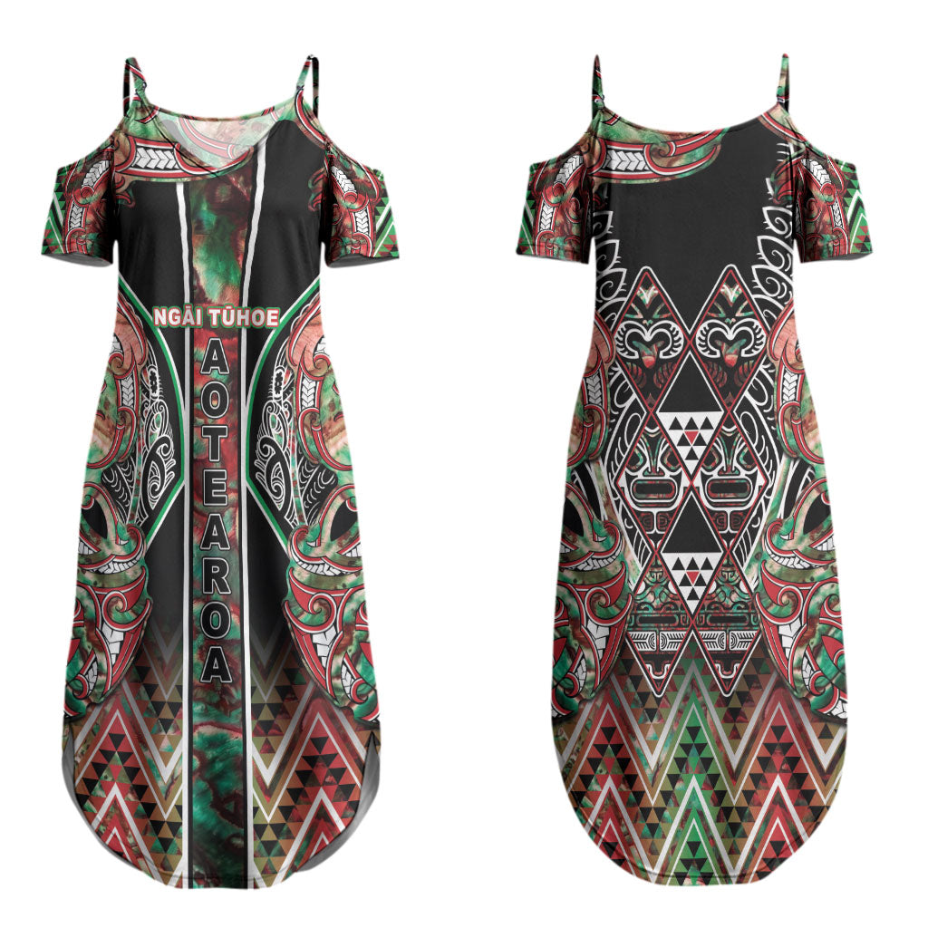 Aotearoa Ngai Tuhoe Couples Matching Summer Maxi Dress and Long Sleeve Button Shirt Maori Tribal Red And Green Paua Shell Pattern