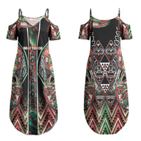 Aotearoa Ngai Tuhoe Couples Matching Summer Maxi Dress and Long Sleeve Button Shirt Maori Tribal Red And Green Paua Shell Pattern