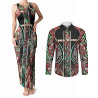 Aotearoa Ngai Tuhoe Couples Matching Tank Maxi Dress and Long Sleeve Button Shirt Maori Tribal Red And Green Paua Shell Pattern