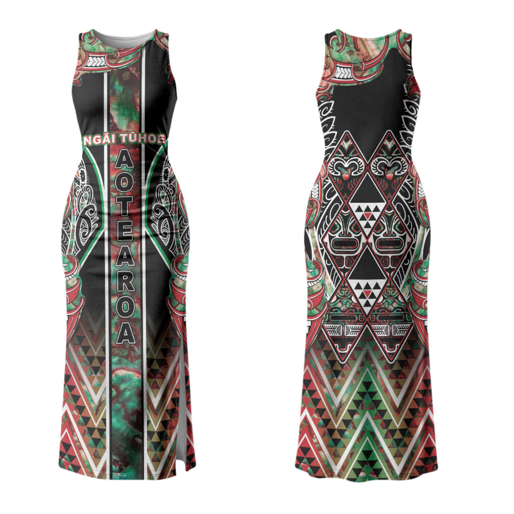 Aotearoa Ngai Tuhoe Couples Matching Tank Maxi Dress and Long Sleeve Button Shirt Maori Tribal Red And Green Paua Shell Pattern