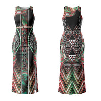 Aotearoa Ngai Tuhoe Couples Matching Tank Maxi Dress and Long Sleeve Button Shirt Maori Tribal Red And Green Paua Shell Pattern