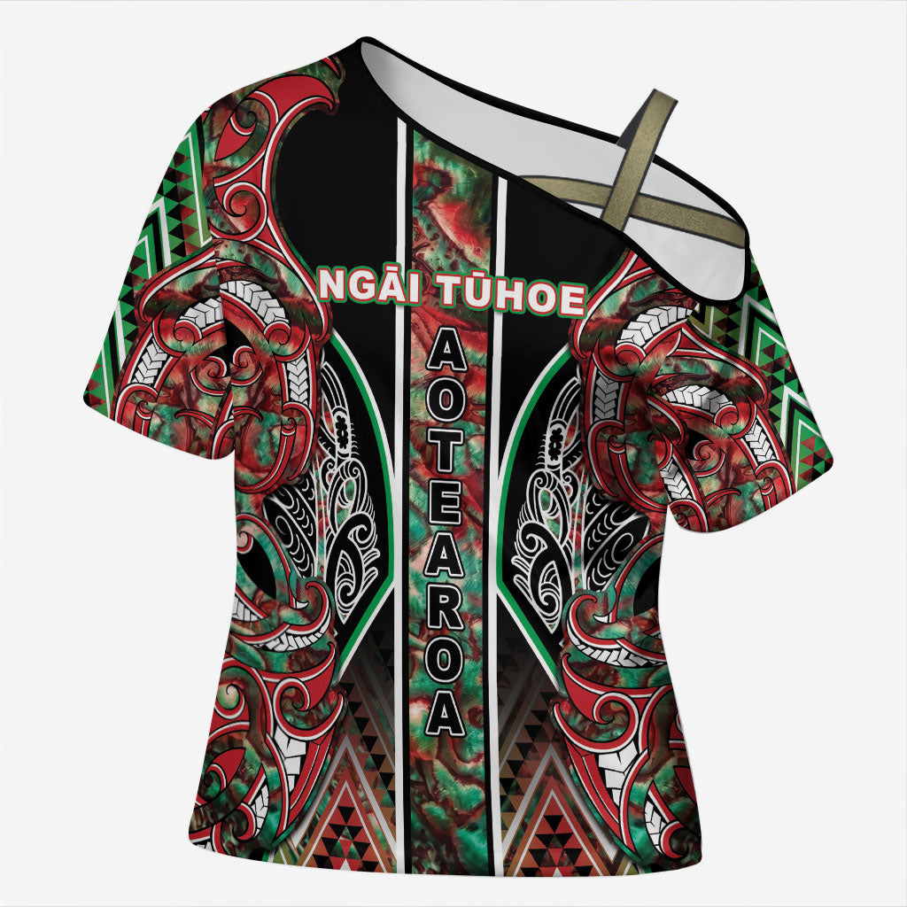 Aotearoa Ngai Tuhoe Cross Shoulder Shirt Maori Tribal Red And Green Paua Shell Pattern