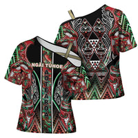 Aotearoa Ngai Tuhoe Cross Shoulder Shirt Maori Tribal Red And Green Paua Shell Pattern