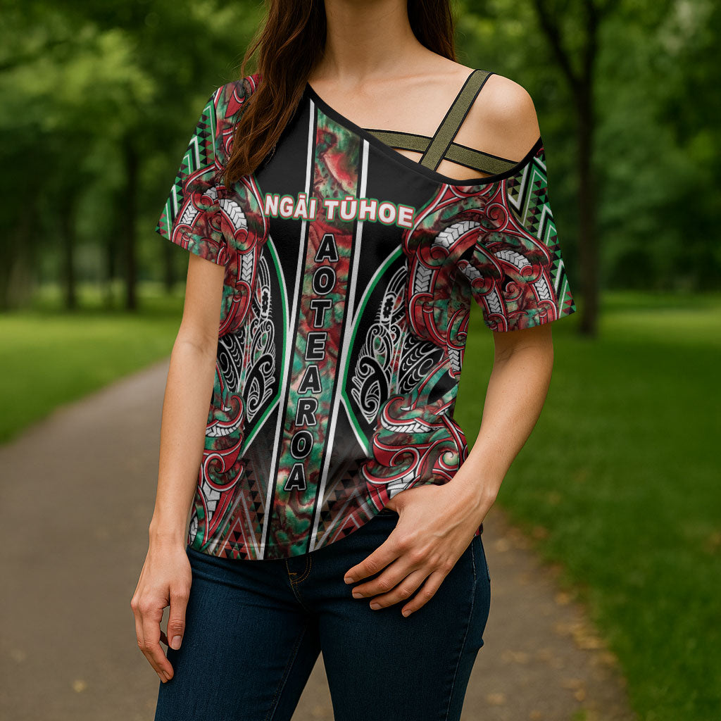 Aotearoa Ngai Tuhoe Cross Shoulder Shirt Maori Tribal Red And Green Paua Shell Pattern