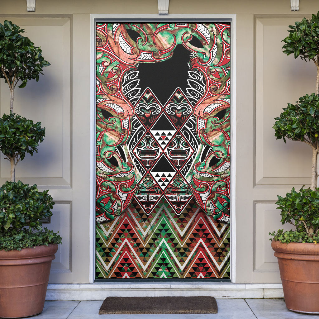 Aotearoa Ngai Tuhoe Door Cover Maori Tribal Red And Green Paua Shell Pattern