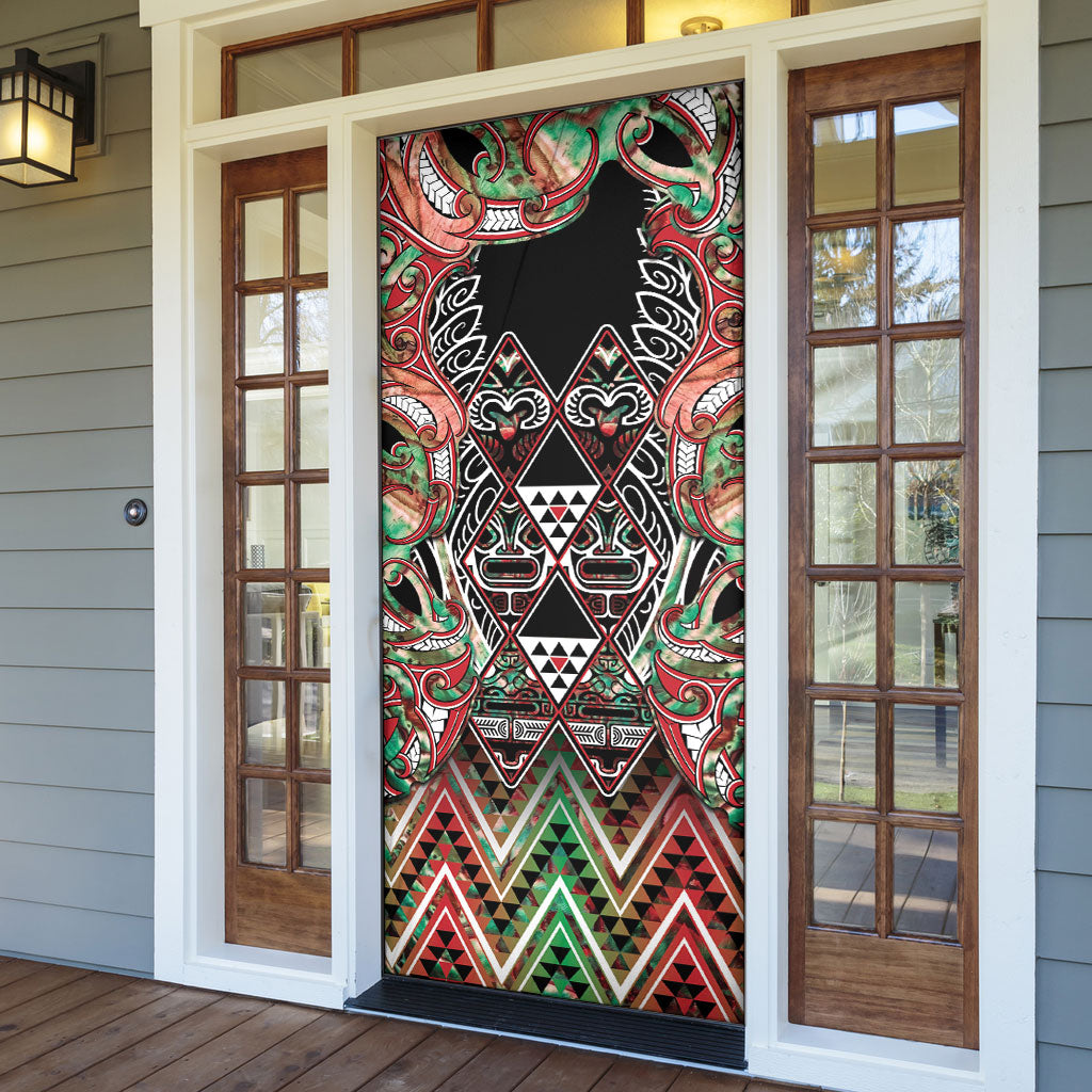 Aotearoa Ngai Tuhoe Door Cover Maori Tribal Red And Green Paua Shell Pattern
