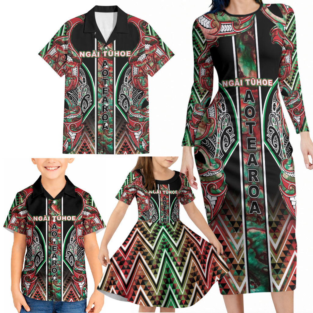Aotearoa Ngai Tuhoe Family Matching Long Sleeve Bodycon Dress and Hawaiian Shirt Maori Tribal Red And Green Paua Shell Pattern