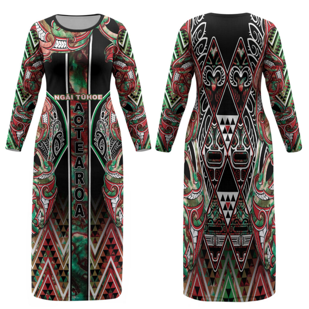 Aotearoa Ngai Tuhoe Family Matching Long Sleeve Bodycon Dress and Hawaiian Shirt Maori Tribal Red And Green Paua Shell Pattern