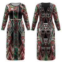 Aotearoa Ngai Tuhoe Family Matching Long Sleeve Bodycon Dress and Hawaiian Shirt Maori Tribal Red And Green Paua Shell Pattern