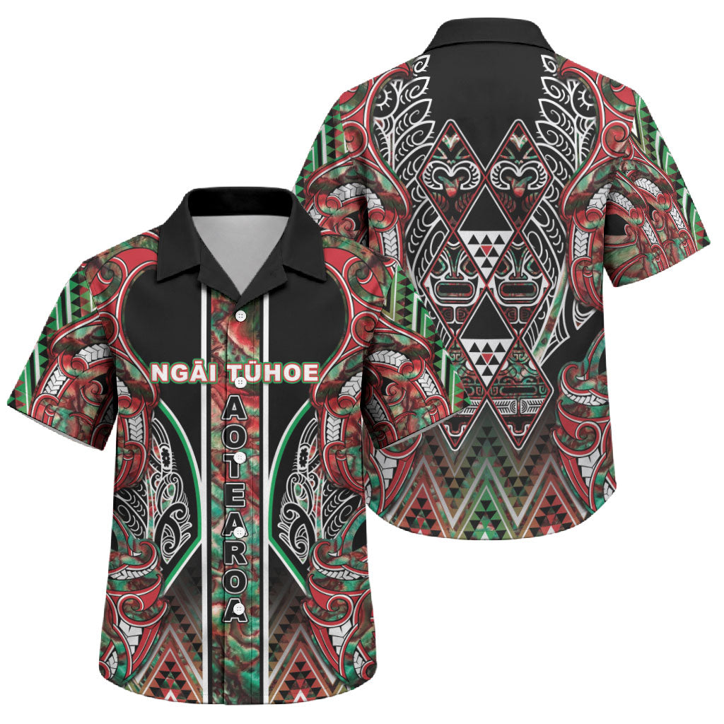 Aotearoa Ngai Tuhoe Family Matching Long Sleeve Bodycon Dress and Hawaiian Shirt Maori Tribal Red And Green Paua Shell Pattern