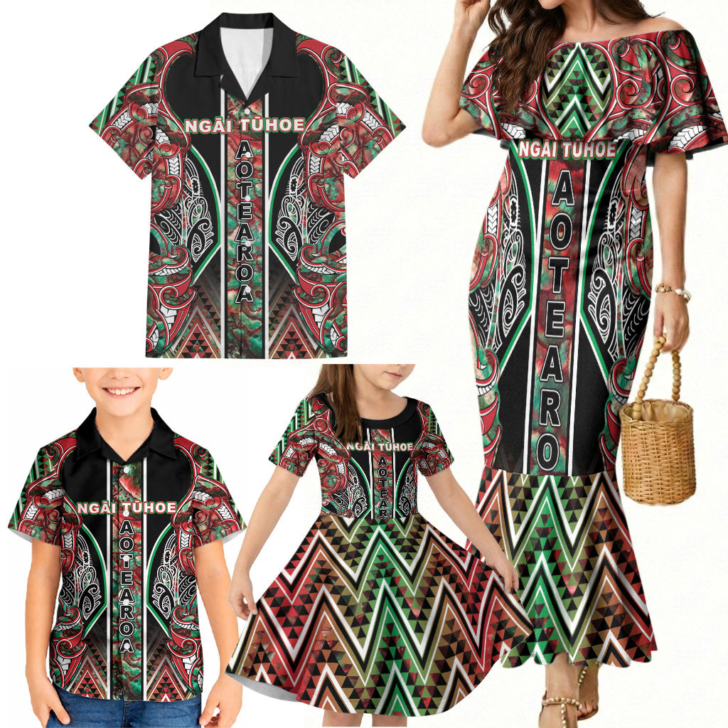 Aotearoa Ngai Tuhoe Family Matching Mermaid Dress and Hawaiian Shirt Maori Tribal Red And Green Paua Shell Pattern