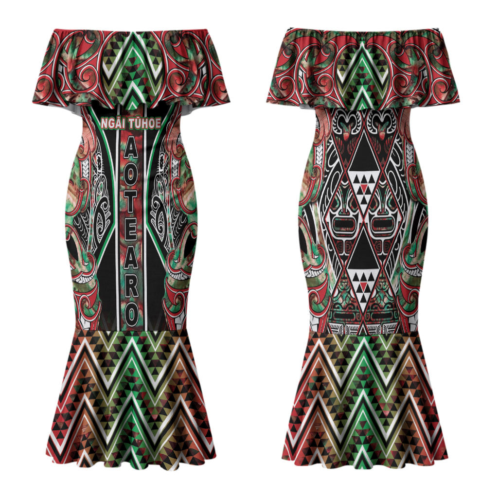 Aotearoa Ngai Tuhoe Family Matching Mermaid Dress and Hawaiian Shirt Maori Tribal Red And Green Paua Shell Pattern