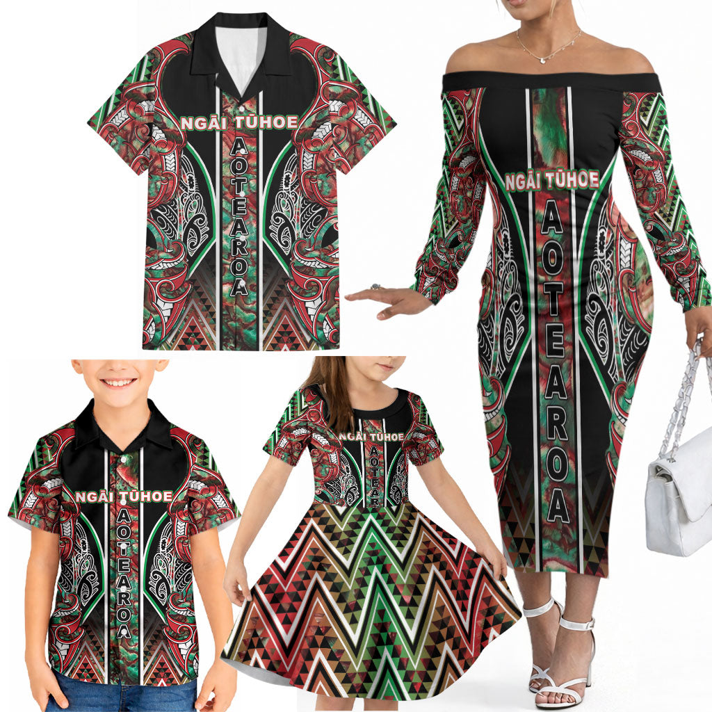 Aotearoa Ngai Tuhoe Family Matching Off The Shoulder Long Sleeve Dress and Hawaiian Shirt Maori Tribal Red And Green Paua Shell Pattern DT05 - Polynesian Pride