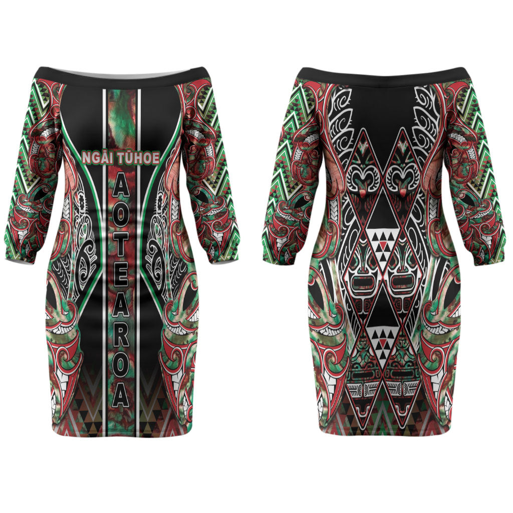 Aotearoa Ngai Tuhoe Family Matching Off The Shoulder Long Sleeve Dress and Hawaiian Shirt Maori Tribal Red And Green Paua Shell Pattern