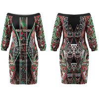 Aotearoa Ngai Tuhoe Family Matching Off The Shoulder Long Sleeve Dress and Hawaiian Shirt Maori Tribal Red And Green Paua Shell Pattern