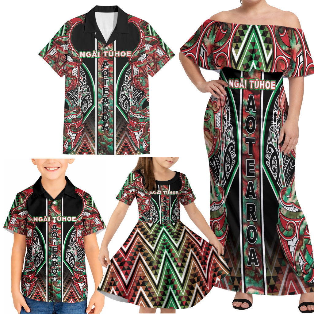 Aotearoa Ngai Tuhoe Family Matching Off Shoulder Maxi Dress and Hawaiian Shirt Maori Tribal Red And Green Paua Shell Pattern