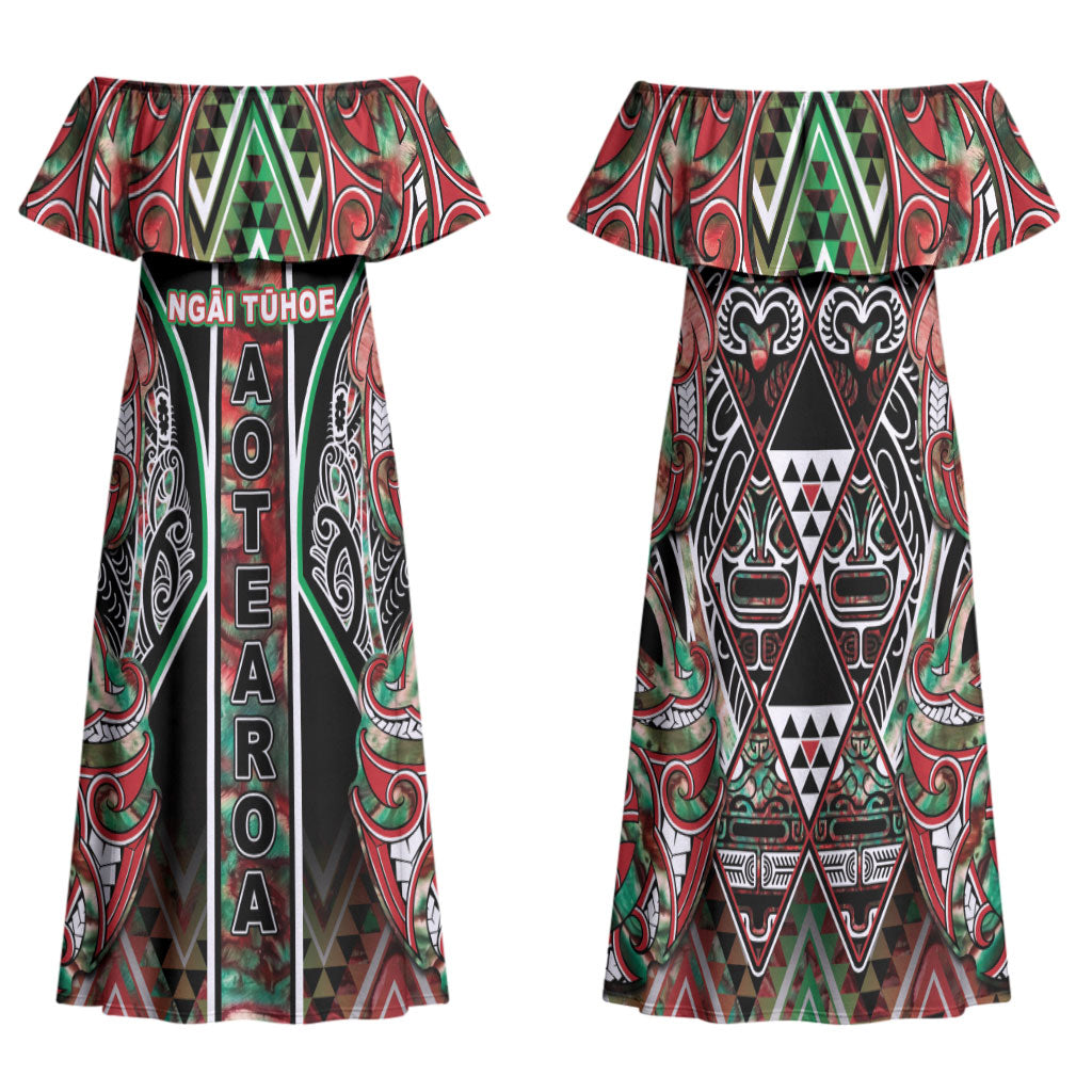 Aotearoa Ngai Tuhoe Family Matching Off Shoulder Maxi Dress and Hawaiian Shirt Maori Tribal Red And Green Paua Shell Pattern