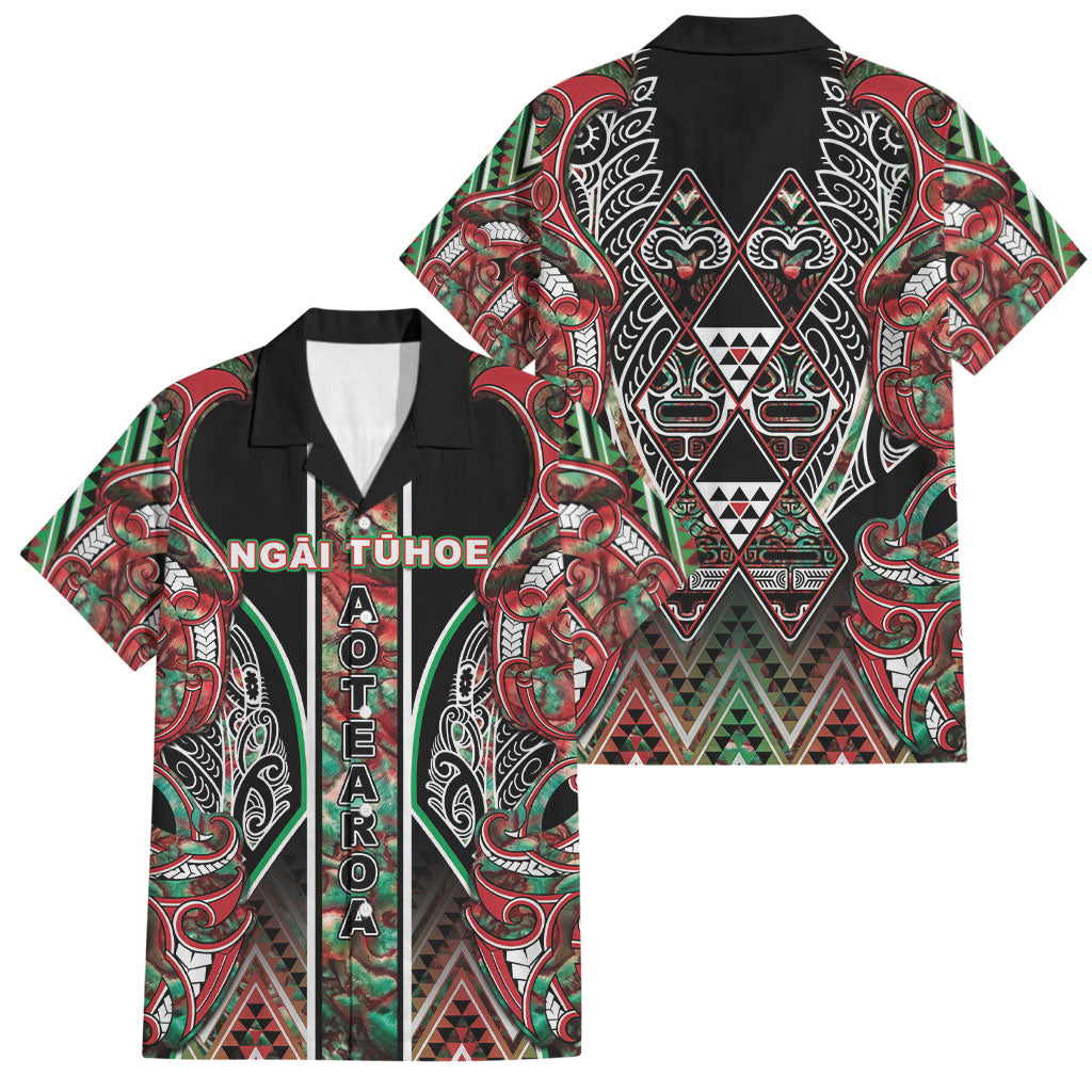 Aotearoa Ngai Tuhoe Family Matching Off Shoulder Short Dress and Hawaiian Shirt Maori Tribal Red And Green Paua Shell Pattern
