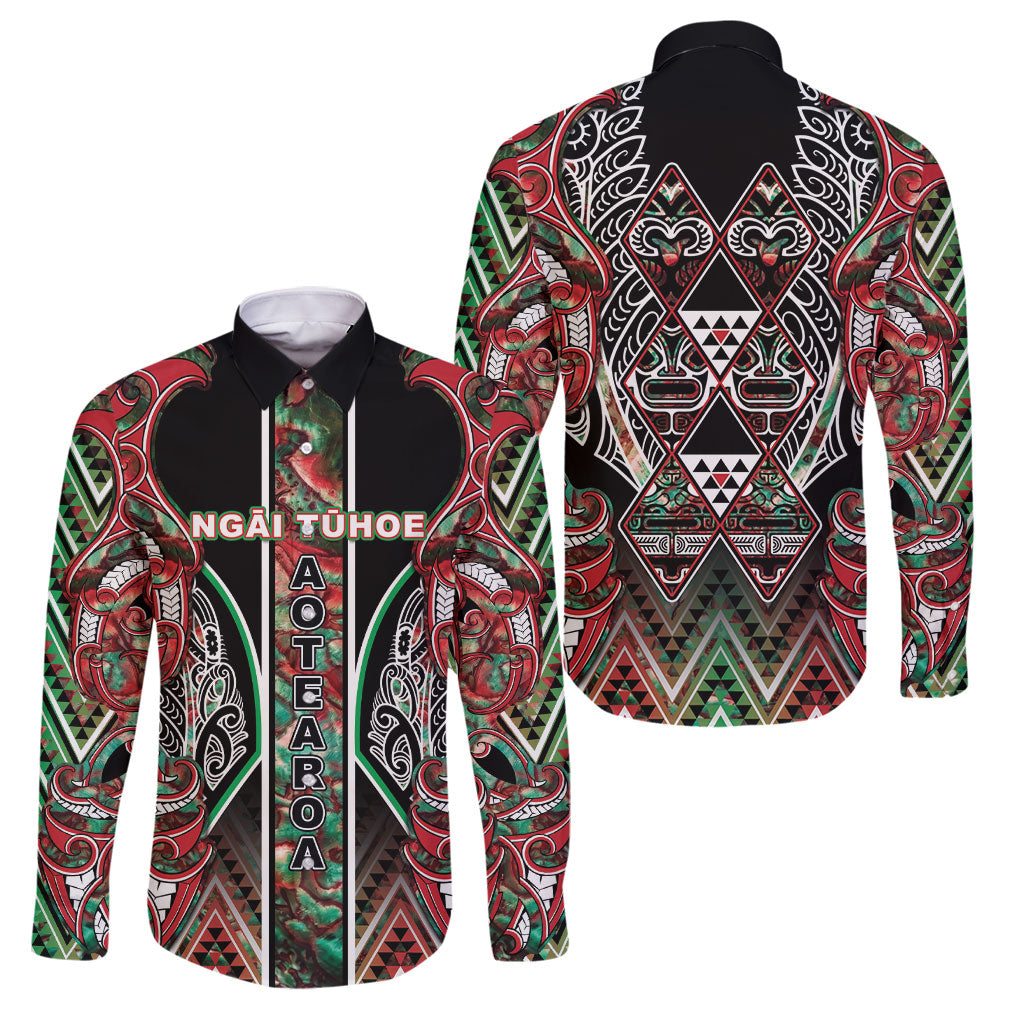 Aotearoa Ngai Tuhoe Family Matching Off Shoulder Short Dress and Hawaiian Shirt Maori Tribal Red And Green Paua Shell Pattern