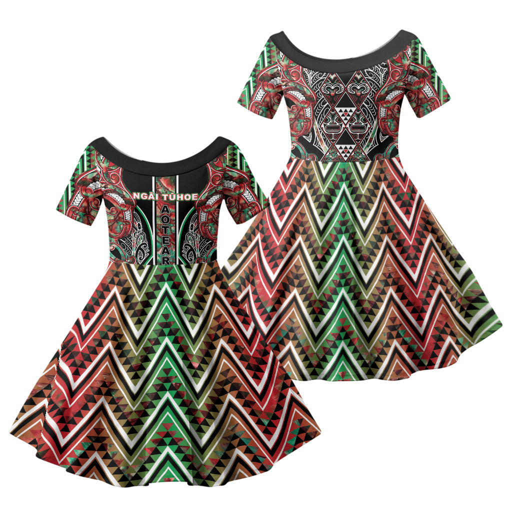 Aotearoa Ngai Tuhoe Family Matching Off Shoulder Short Dress and Hawaiian Shirt Maori Tribal Red And Green Paua Shell Pattern