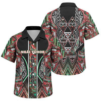 Aotearoa Ngai Tuhoe Family Matching Off Shoulder Short Dress and Hawaiian Shirt Maori Tribal Red And Green Paua Shell Pattern