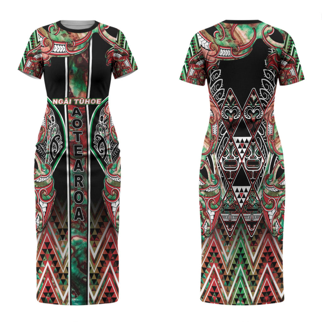 Aotearoa Ngai Tuhoe Family Matching Short Sleeve Bodycon Dress and Hawaiian Shirt Maori Tribal Red And Green Paua Shell Pattern