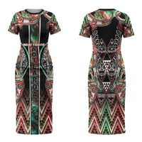 Aotearoa Ngai Tuhoe Family Matching Short Sleeve Bodycon Dress and Hawaiian Shirt Maori Tribal Red And Green Paua Shell Pattern