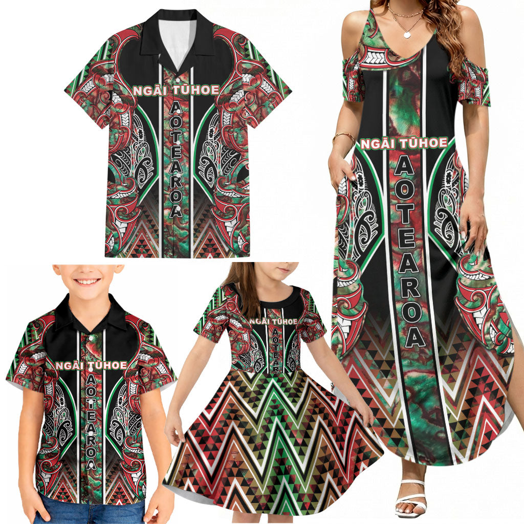 Aotearoa Ngai Tuhoe Family Matching Summer Maxi Dress and Hawaiian Shirt Maori Tribal Red And Green Paua Shell Pattern DT05 - Polynesian Pride