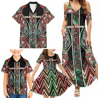 Aotearoa Ngai Tuhoe Family Matching Summer Maxi Dress and Hawaiian Shirt Maori Tribal Red And Green Paua Shell Pattern