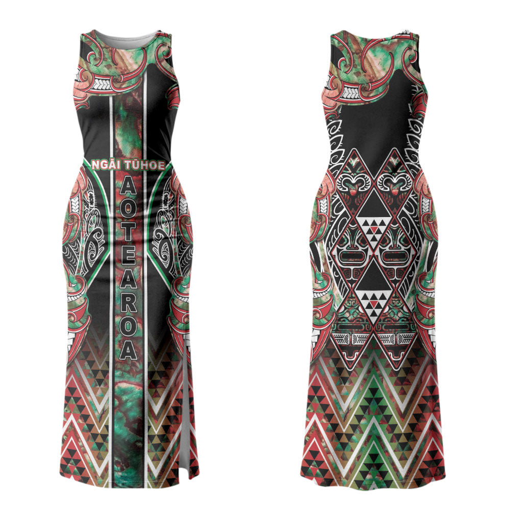 Aotearoa Ngai Tuhoe Family Matching Tank Maxi Dress and Hawaiian Shirt Maori Tribal Red And Green Paua Shell Pattern