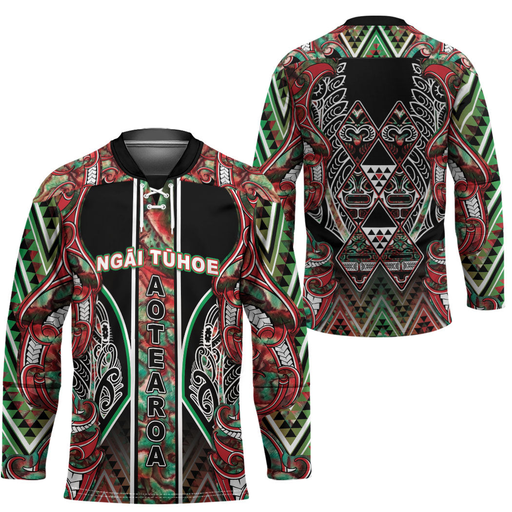 Aotearoa Ngai Tuhoe Hockey Jersey Maori Tribal Red And Green Paua Shell Pattern