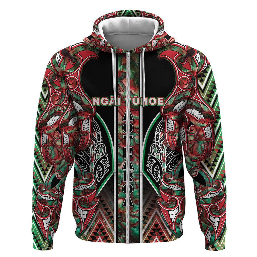 Aotearoa Ngai Tuhoe Hoodie Maori Tribal Red And Green Paua Shell Pattern