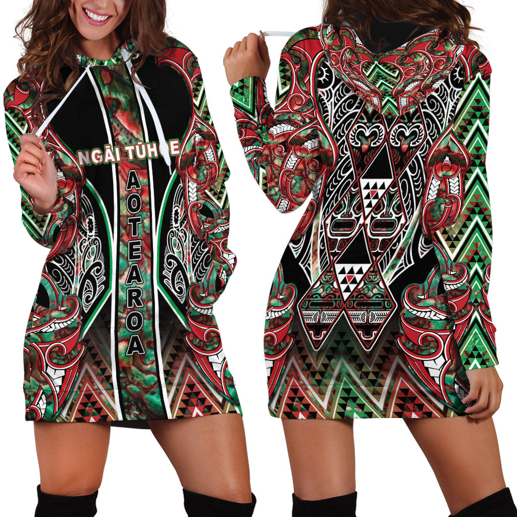 Aotearoa Ngai Tuhoe Hoodie Dress Maori Tribal Red And Green Paua Shell Pattern