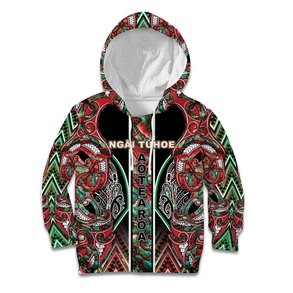 Aotearoa Ngai Tuhoe Kid Hoodie Maori Tribal Red And Green Paua Shell Pattern DT05 Hoodie Red - Polynesian Pride