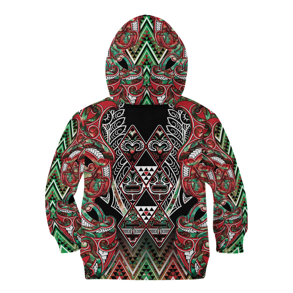 Aotearoa Ngai Tuhoe Kid Hoodie Maori Tribal Red And Green Paua Shell Pattern