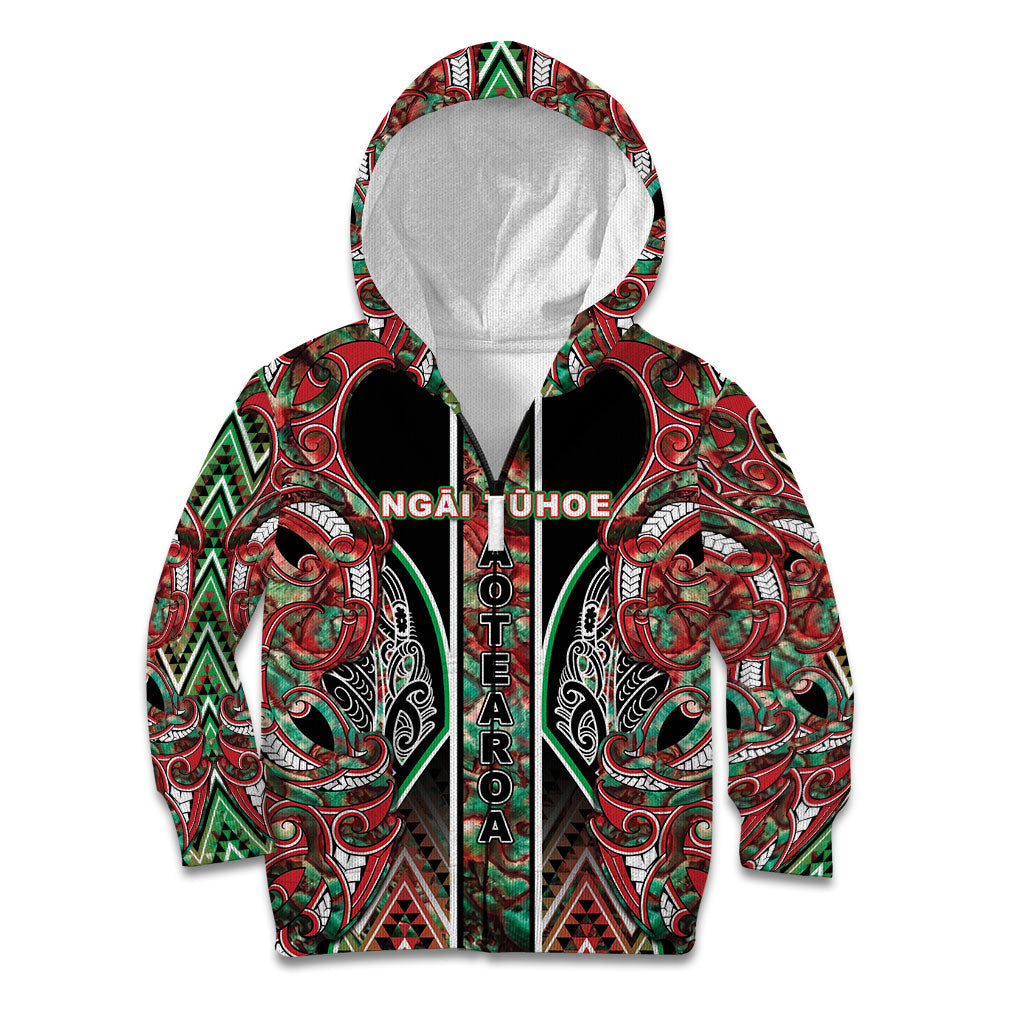Aotearoa Ngai Tuhoe Kid Hoodie Maori Tribal Red And Green Paua Shell Pattern