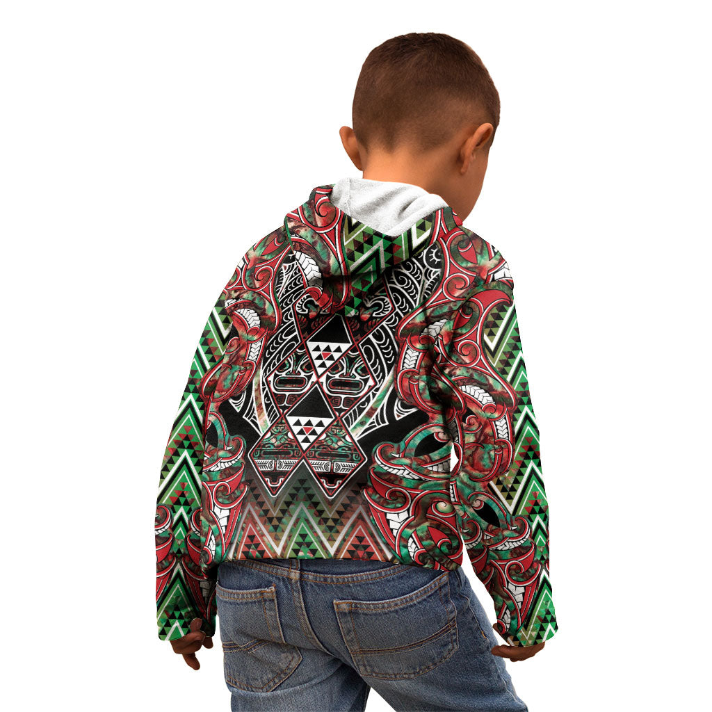 Aotearoa Ngai Tuhoe Kid Hoodie Maori Tribal Red And Green Paua Shell Pattern