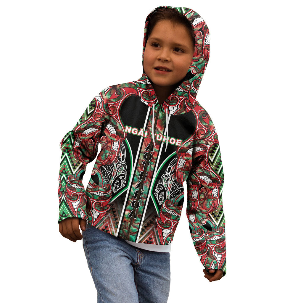 Aotearoa Ngai Tuhoe Kid Hoodie Maori Tribal Red And Green Paua Shell Pattern