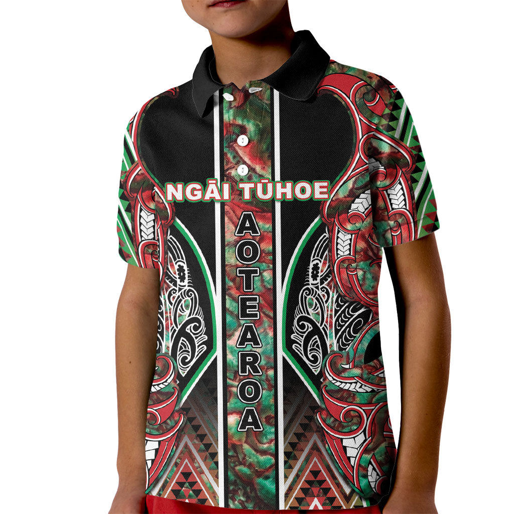 Aotearoa Ngai Tuhoe Kid Polo Shirt Maori Tribal Red And Green Paua Shell Pattern DT05 Kid Red - Polynesian Pride
