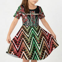 Aotearoa Ngai Tuhoe Kid Short Sleeve Dress Maori Tribal Red And Green Paua Shell Pattern