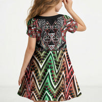 Aotearoa Ngai Tuhoe Kid Short Sleeve Dress Maori Tribal Red And Green Paua Shell Pattern