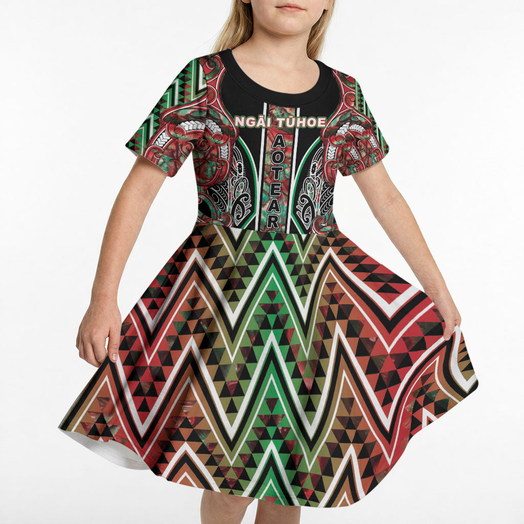 Aotearoa Ngai Tuhoe Kid Short Sleeve Dress Maori Tribal Red And Green Paua Shell Pattern