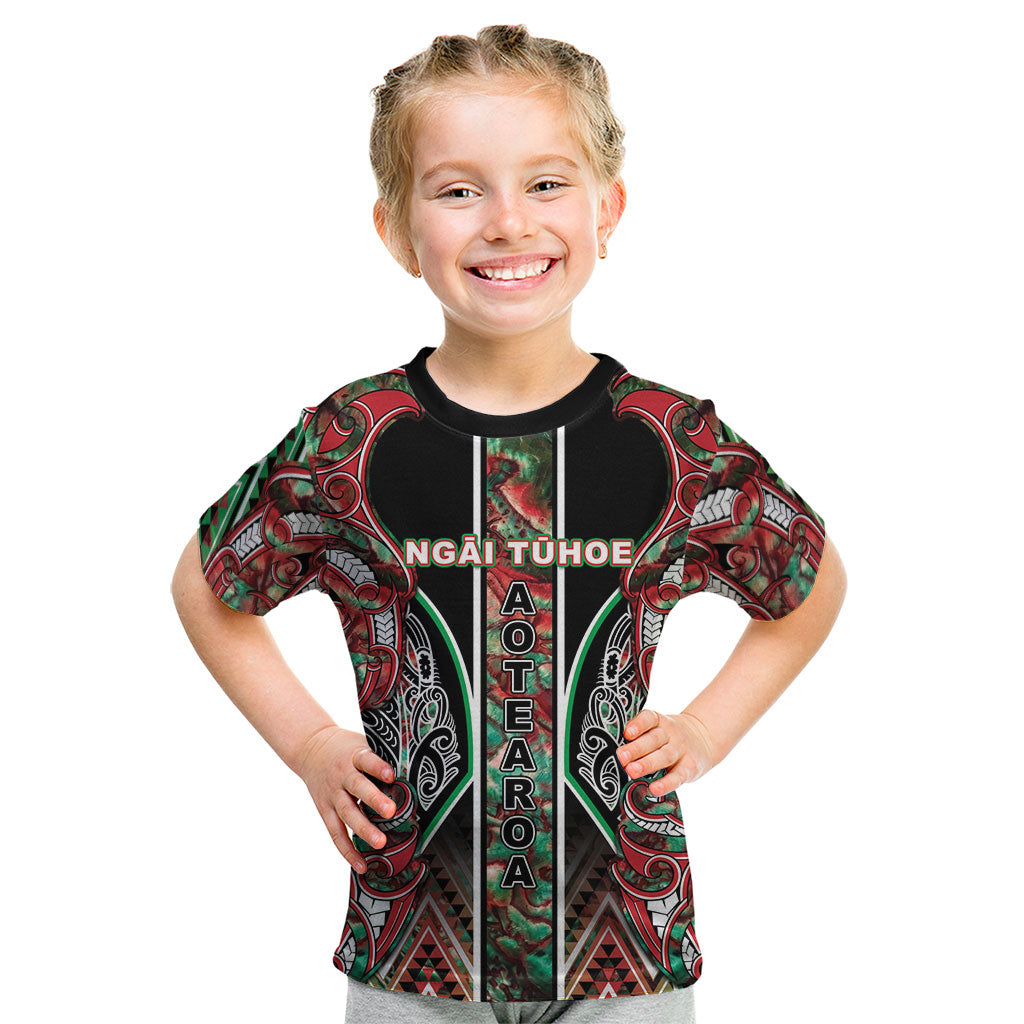 Aotearoa Ngai Tuhoe Kid T Shirt Maori Tribal Red And Green Paua Shell Pattern
