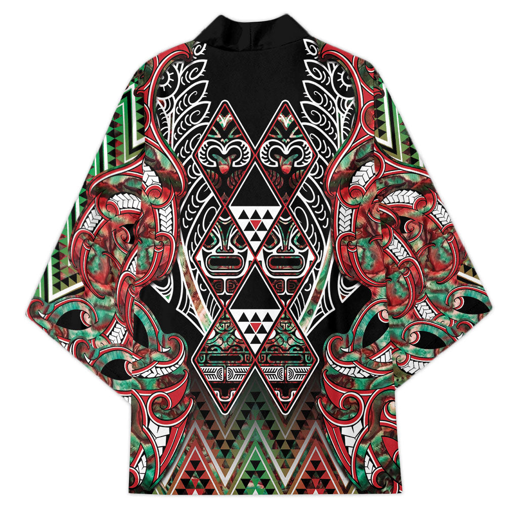 Aotearoa Ngai Tuhoe Kimono Maori Tribal Red And Green Paua Shell Pattern