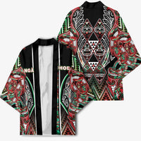 Aotearoa Ngai Tuhoe Kimono Maori Tribal Red And Green Paua Shell Pattern
