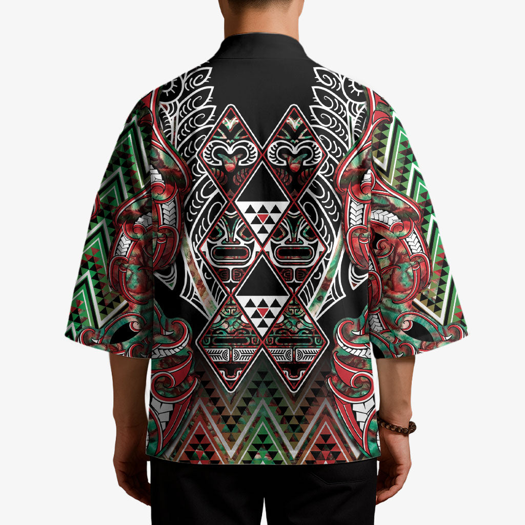 Aotearoa Ngai Tuhoe Kimono Maori Tribal Red And Green Paua Shell Pattern