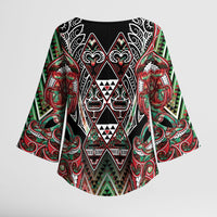 Aotearoa Ngai Tuhoe Kimono Sleeve Blouse Maori Tribal Red And Green Paua Shell Pattern